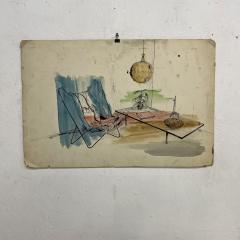 1960s Cool Blue Watercolor Ink on Paper Mod Interior Butterfly Chair Pendant - 2715269