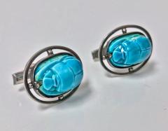 1960s Egyptian Revival Silver Turquoise Scarab Cufflinks - 1076173