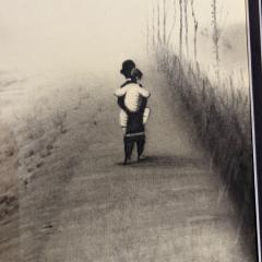 1960s Fine Chinese Art Child Being Carried on Mans Back Scenic Road Travel - 2849246