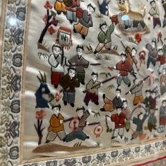 1960s Fine Chinese Silk Art Embroidered Tapestry Framed Panel Village Folk - 2847200