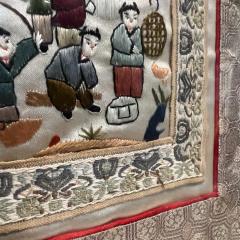 1960s Fine Chinese Silk Art Embroidered Tapestry Framed Panel Village Folk - 2847203