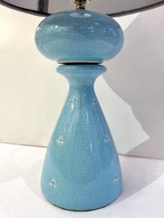1960s French Pair of Aquamarine Blue Craquelure Glaze Ceramic Lamps with Stars - 3143957