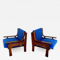 1960s Italian Pair Vintage Cobalt Blue Velvet Veneer Rosewood Modern Armchairs - 2049944