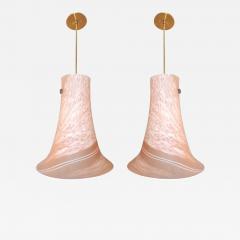1960s Italian Pair of Pink Rose White Murano Glass Flared Pendants Lamps - 417821