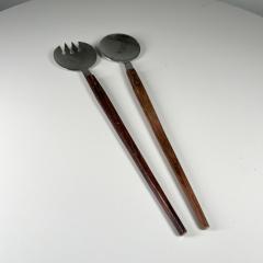 1960s Japanese Midcentury Modern Stainless Wood Salad Server Set Utensils - 2995158