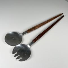 1960s Japanese Midcentury Modern Stainless Wood Salad Server Set Utensils - 2995159