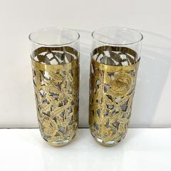 1960s Mexican Pair Drinking Glasses Encased in Etched Cutwork Floral Brass Decor - 3603953