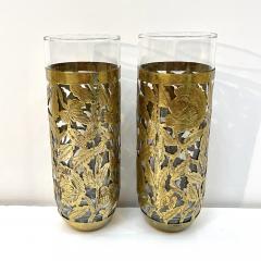1960s Mexican Pair Drinking Glasses Encased in Etched Cutwork Floral Brass Decor - 3603955