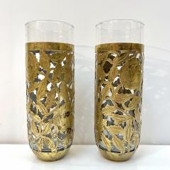 1960s Mexican Pair Drinking Glasses Encased in Etched Cutwork Floral Brass Decor - 3603956