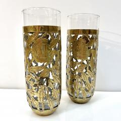 1960s Mexican Pair Drinking Glasses Encased in Etched Cutwork Floral Brass Decor - 3603957