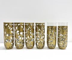 1960s Mexican Pair Drinking Glasses Encased in Etched Cutwork Floral Brass Decor - 3603959