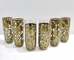 1960s Mexican Pair Drinking Glasses Encased in Etched Cutwork Floral Brass Decor - 3603961
