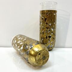 1960s Mexican Pair Drinking Glasses Encased in Etched Cutwork Floral Brass Decor - 3603963