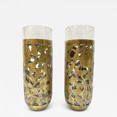 1960s Mexican Pair Drinking Glasses Encased in Etched Cutwork Floral Brass Decor - 3604609