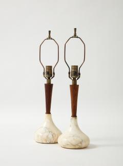 1960s Mid Century Modern Walnut And Carrara Marble Italian Table Lamps - 2301029