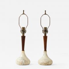 1960s Mid Century Modern Walnut And Carrara Marble Italian Table Lamps - 2301544