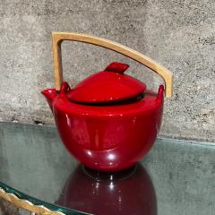 1960s Modern Bauhaus Red Tea Pot Ceramic Sculptural Wood Handle - 3049356