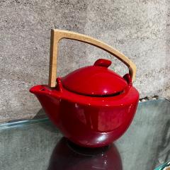 1960s Modern Bauhaus Red Tea Pot Ceramic Sculptural Wood Handle - 3049357