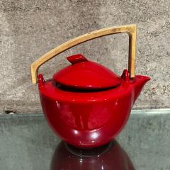 1960s Modern Bauhaus Red Tea Pot Ceramic Sculptural Wood Handle - 3049359