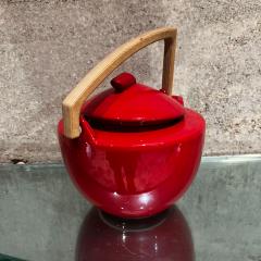 1960s Modern Bauhaus Red Tea Pot Ceramic Sculptural Wood Handle - 3049360