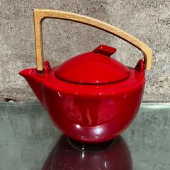 1960s Modern Bauhaus Red Tea Pot Ceramic Sculptural Wood Handle - 3049362