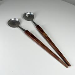 1960s Modern Stainless Steel Wood Salad Serving Set Utensils Japan - 2995177