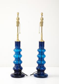 1960s Pair of Mid Century Swedish Blue Glass Totem Lamps - 4373924