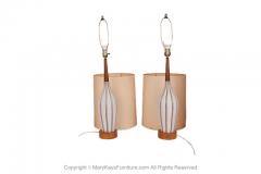 1960s Tall Mid Century Modern Walnut Ceramic Table Lamps Pair - 2954585