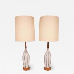 1960s Tall Mid Century Modern Walnut Ceramic Table Lamps Pair - 2963738