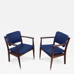 1960s Walnut Armchairs With Blue Leather Upholstery - 4133983