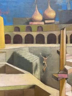 1969 Endres Surrealist Architectural Oil Painting on Canvas Signed New Framing - 4097094