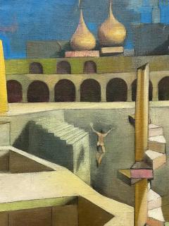 1969 Endres Surrealist Architectural Oil Painting on Canvas Signed New Framing - 4097097