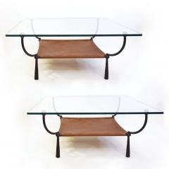 1970 Banci Vintage Italian Wrought Iron Brown Leather Square Glass Coffee Table - 2092284