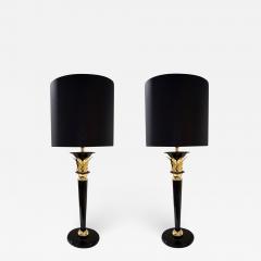 1970 Italian Hollywood Regency Pair of Black Lacquered and Gold Leaf Motif Lamps - 828998