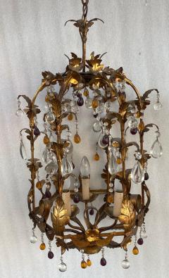 1970 Italian Lantern in Golden Iron with Colored Glass Pendants - 2534273