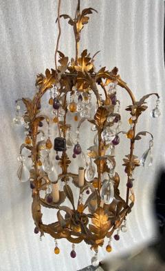 1970 Italian Lantern in Golden Iron with Colored Glass Pendants - 2534302