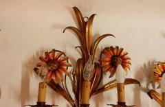 1970 Pair of Painted Metal Sconces with Sunflower Decor 3 Arms of Light - 2341903