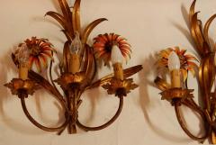 1970 Pair of Painted Metal Sconces with Sunflower Decor 3 Arms of Light - 2341904