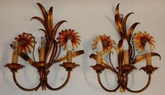 1970 Pair of Painted Metal Sconces with Sunflower Decor 3 Arms of Light - 2341905