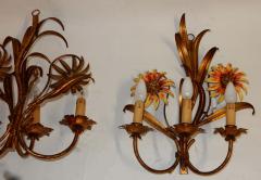 1970 Pair of Painted Metal Sconces with Sunflower Decor 3 Arms of Light - 2341907