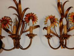 1970 Pair of Painted Metal Sconces with Sunflower Decor 3 Arms of Light - 2341915