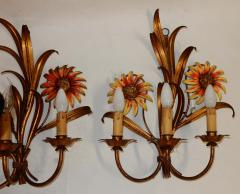 1970 Pair of Painted Metal Sconces with Sunflower Decor 3 Arms of Light - 2341916