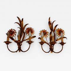 1970 Pair of Painted Metal Sconces with Sunflower Decor 3 Arms of Light - 2343365
