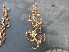 1970 Two Pairs of Wall Lamps Gilded Flowers and Foliage Iron Two Bulbs - 2446472