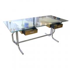 1970S GLASS TOP ON TUBULAR METAL FRAME WITH BRASS ITALIAN DESK - 1923897