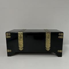 1970s Black Lacquer Coffer with Brass Strapping and Camphor Interior France - 4078564