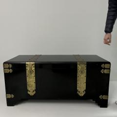 1970s Black Lacquer Coffer with Brass Strapping and Camphor Interior France - 4078566