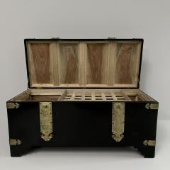 1970s Black Lacquer Coffer with Brass Strapping and Camphor Interior France - 4078567