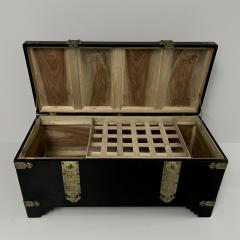 1970s Black Lacquer Coffer with Brass Strapping and Camphor Interior France - 4078568