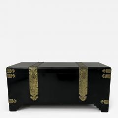 1970s Black Lacquer Coffer with Brass Strapping and Camphor Interior France - 4213831